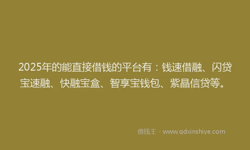 2025年的能直接借钱的平台有：钱速借融、闪贷宝速融、快融宝盒、智享宝钱包、紫晶信贷等。