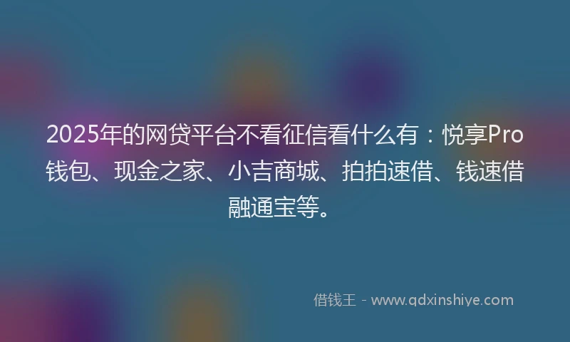 2025年的网贷平台不看征信看什么有：悦享Pro钱包、现金之家、小吉商城、拍拍速借、钱速借融通宝等。