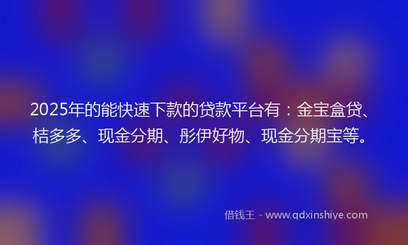 2025年的能快速下款的贷款平台有:金宝盒贷、桔多多、现金分期、彤伊好物、现金分期宝等。