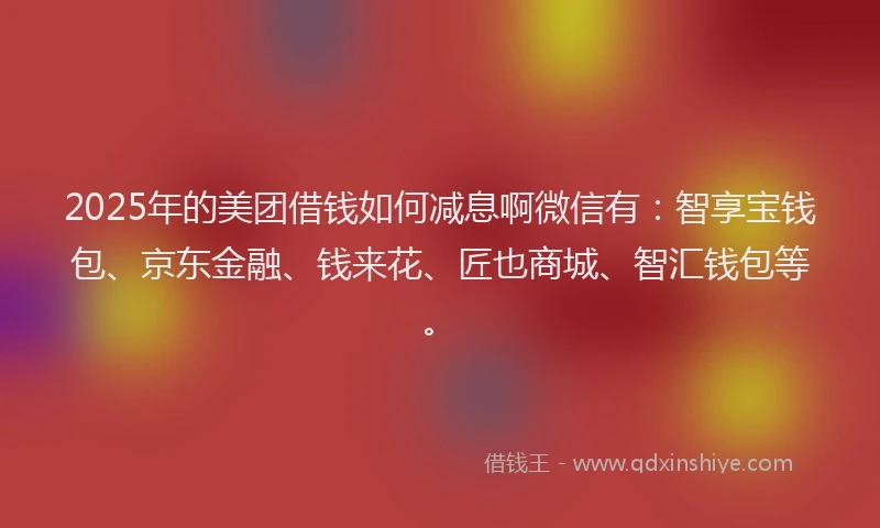 2025年的美团借钱如何减息啊微信有:智享宝钱包、京东金融、钱来花、匠也商城、智汇钱包等。