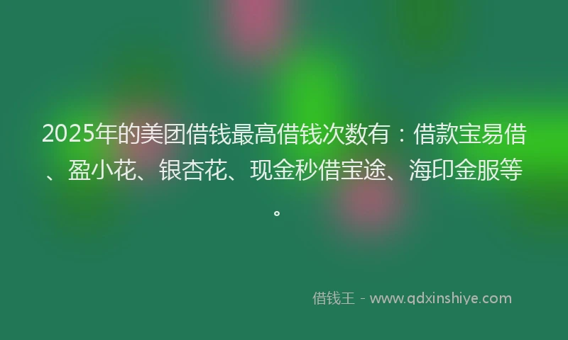 2025年的美团借钱最高借钱次数有:借款宝易借、盈小花、银杏花、现金秒借宝途、海印金服等。