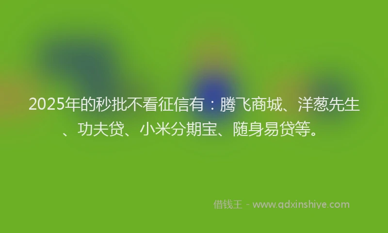 2025年的秒批不看征信有:腾飞商城、洋葱先生、功夫贷、小米分期宝、随身易贷等。