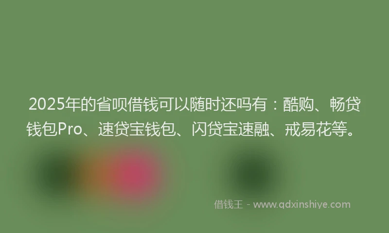 2025年的省呗借钱可以随时还吗有：酷购、畅贷钱包Pro、速贷宝钱包、闪贷宝速融、戒易花等。