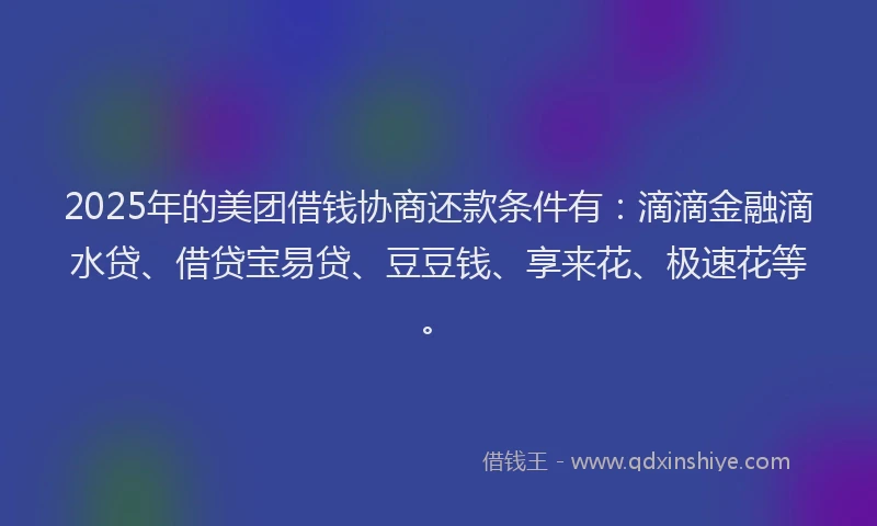 2025年的美团借钱协商还款条件有:滴滴金融滴水贷、借贷宝易贷、豆豆钱、享来花、极速花等。