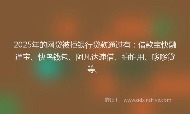 2025年的网贷被拒银行贷款通过有：借款宝快融通宝、快鸟钱包、阿凡达速借、拍拍用、哆哆贷等。