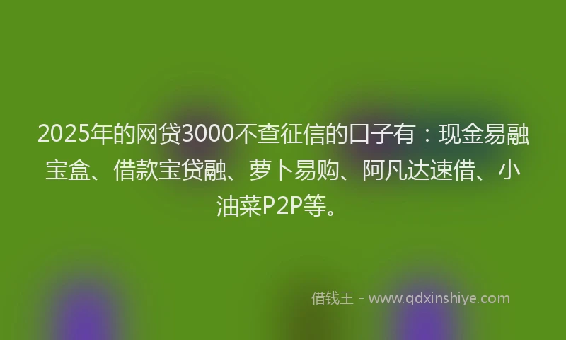 2025年的网贷3000不查征信的口子有：现金易融宝盒、借款宝贷融、萝卜易购、阿凡达速借、小油菜P2P等。