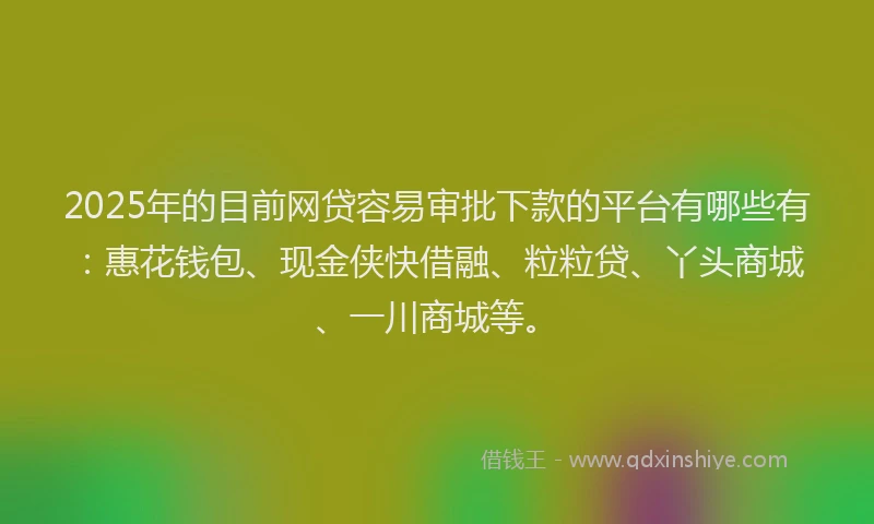 2025年的目前网贷容易审批下款的平台有哪些有：惠花钱包、现金侠快借融、粒粒贷、丫头商城、一川商城等。
