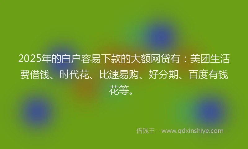 2025年的白户容易下款的大额网贷有：美团生活费借钱、时代花、比速易购、好分期、百度有钱花等。