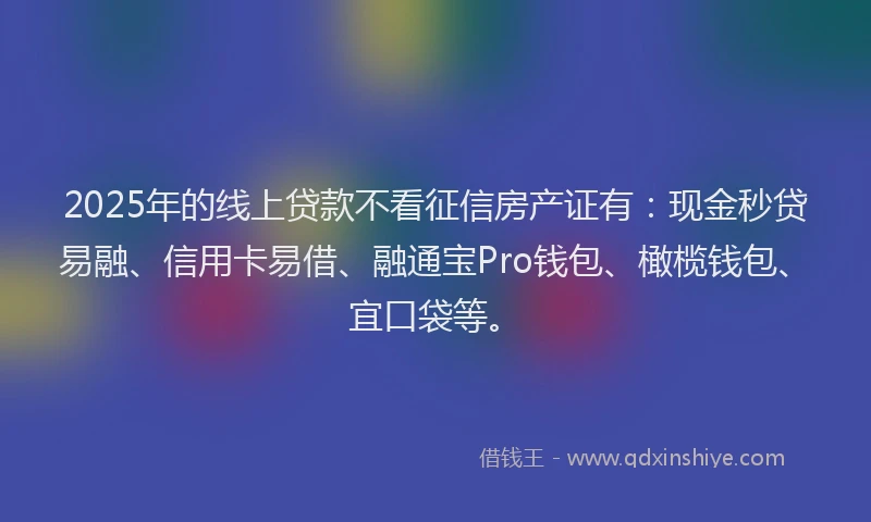 2025年的线上贷款不看征信房产证有：现金秒贷易融、信用卡易借、融通宝Pro钱包、橄榄钱包、宜口袋等。