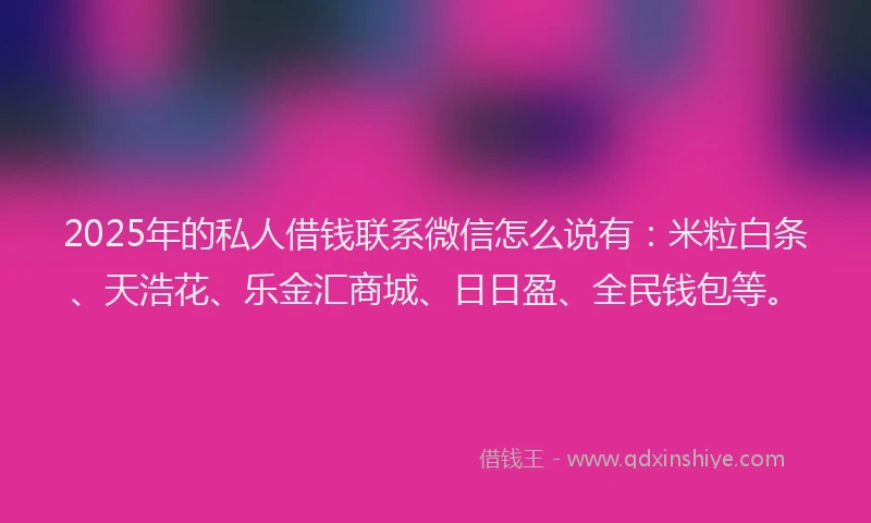 2025年的私人借钱联系微信怎么说有：米粒白条、天浩花、乐金汇商城、日日盈、全民钱包等。