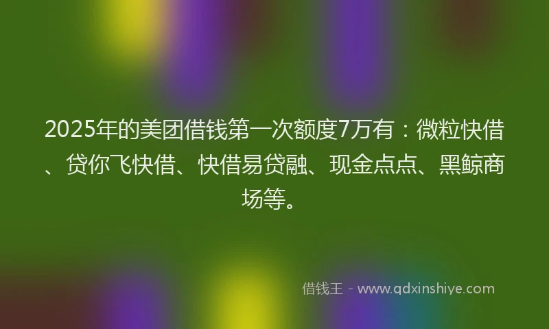2025年的美团借钱第一次额度7万有：微粒快借、贷你飞快借、快借易贷融、现金点点、黑鲸商场等。