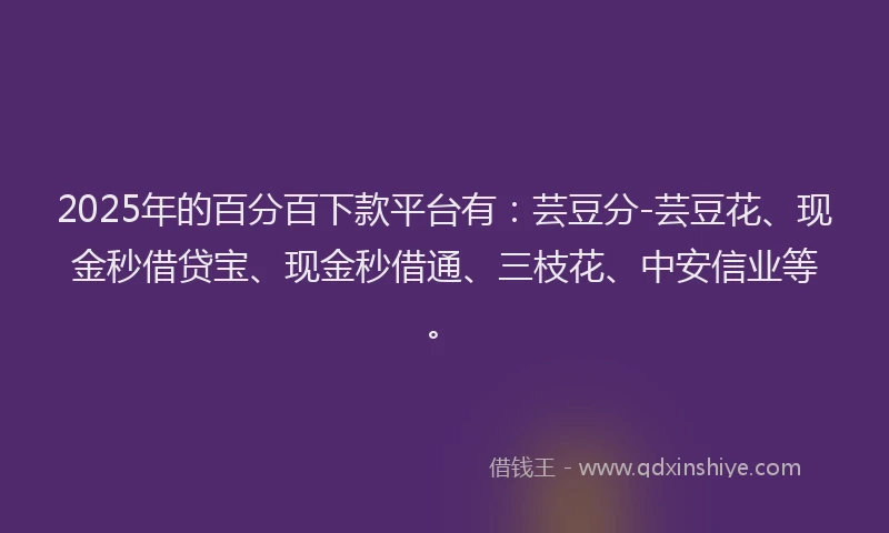 2025年的百分百下款平台有：芸豆分-芸豆花、现金秒借贷宝、现金秒借通、三枝花、中安信业等。