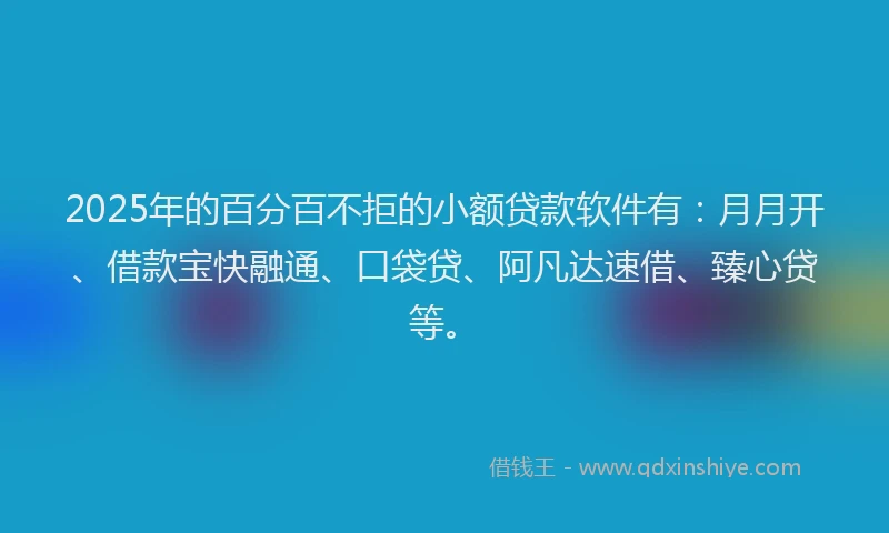 2025年的百分百不拒的小额贷款软件有：月月开、借款宝快融通、口袋贷、阿凡达速借、臻心贷等。