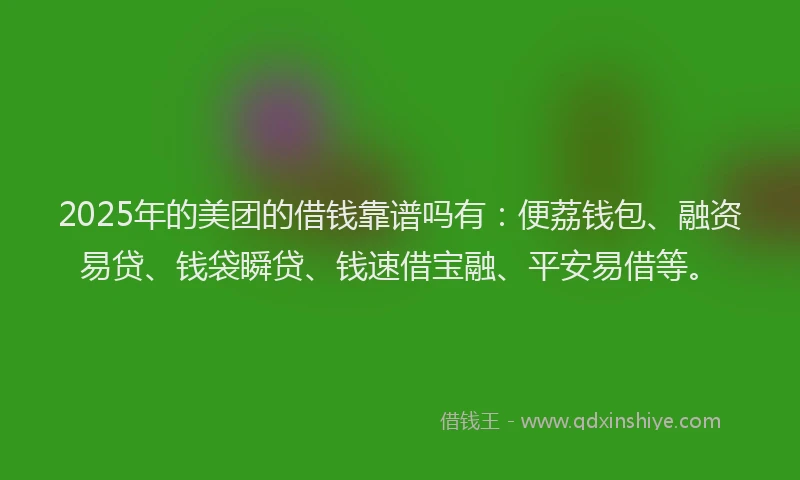 2025年的美团的借钱靠谱吗有:便荔钱包、融资易贷、钱袋瞬贷、钱速借宝融、平安易借等。