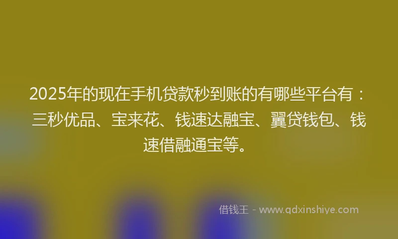 2025年的现在手机贷款秒到账的有哪些平台有：三秒优品、宝来花、钱速达融宝、翼贷钱包、钱速借融通宝等。