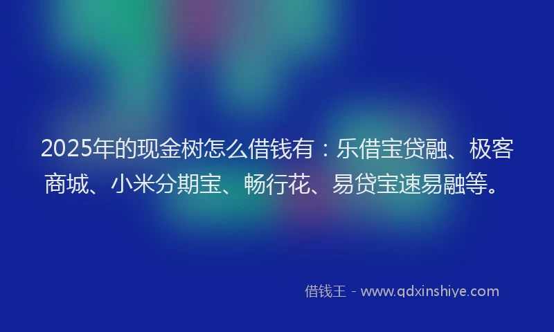 2025年的现金树怎么借钱有:乐借宝贷融、极客商城、小米分期宝、畅行花、易贷宝速易融等。
