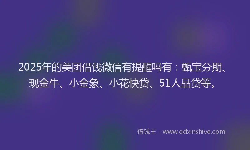 2025年的美团借钱微信有提醒吗有：甄宝分期、现金牛、小金象、小花快贷、51人品贷等。
