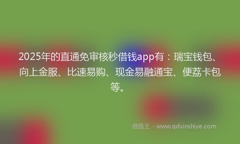 2025年的直通免审核秒借钱app有：瑞宝钱包、向上金服、比速易购、现金易融通宝、便荔卡包等。
