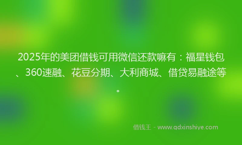 2025年的美团借钱可用微信还款嘛有：福星钱包、360速融、花豆分期、大利商城、借贷易融途等。