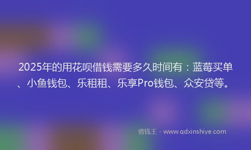2025年的用花呗借钱需要多久时间有：蓝莓买单、小鱼钱包、乐租租、乐享Pro钱包、众安贷等。
