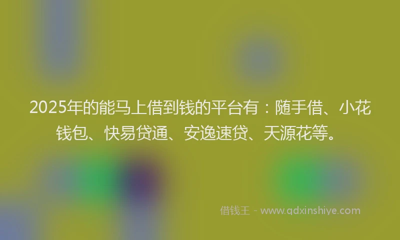 2025年的能马上借到钱的平台有：随手借、小花钱包、快易贷通、安逸速贷、天源花等。