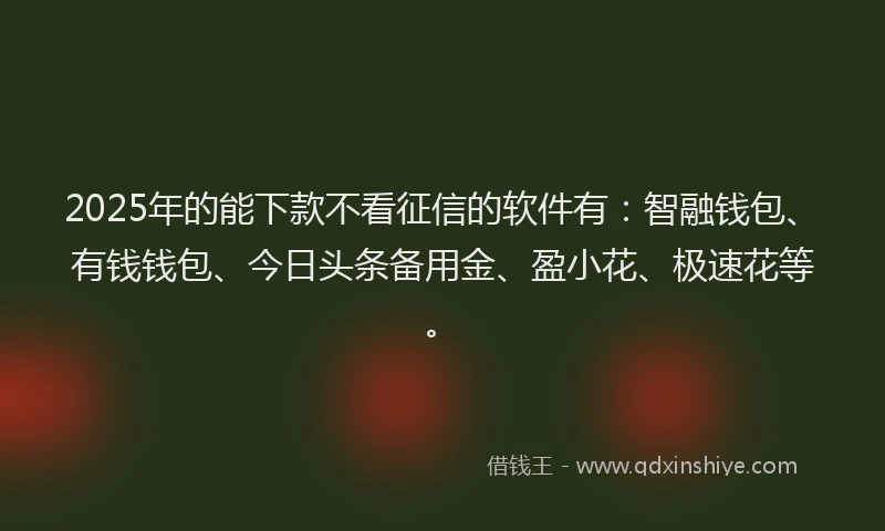 2025年的能下款不看征信的软件有:智融钱包、有钱钱包、今日头条备用金、盈小花、极速花等。