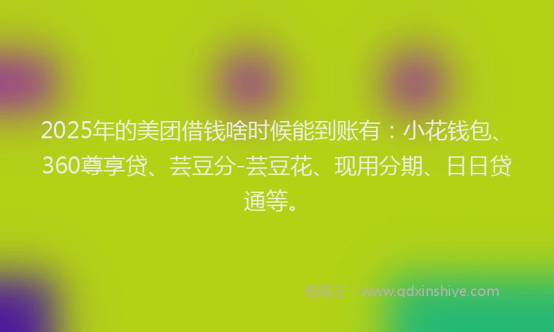 2025年的美团借钱啥时候能到账有:小花钱包、360尊享贷、芸豆分-芸豆花、现用分期、日日贷通等。