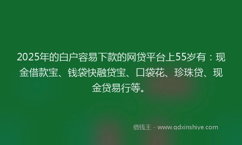 2025年的白户容易下款的网贷平台上55岁有：现金借款宝、钱袋快融贷宝、口袋花、珍珠贷、现金贷易行等。
