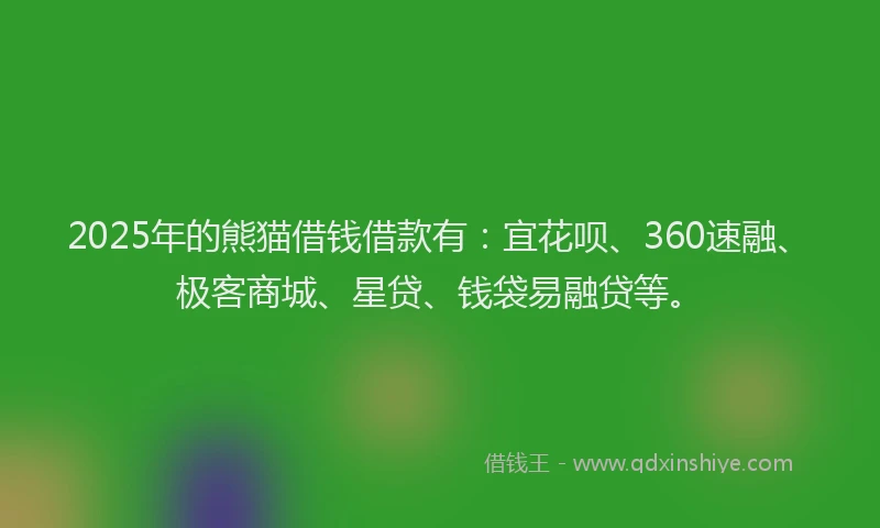 2025年的熊猫借钱借款有：宜花呗、360速融、极客商城、星贷、钱袋易融贷等。