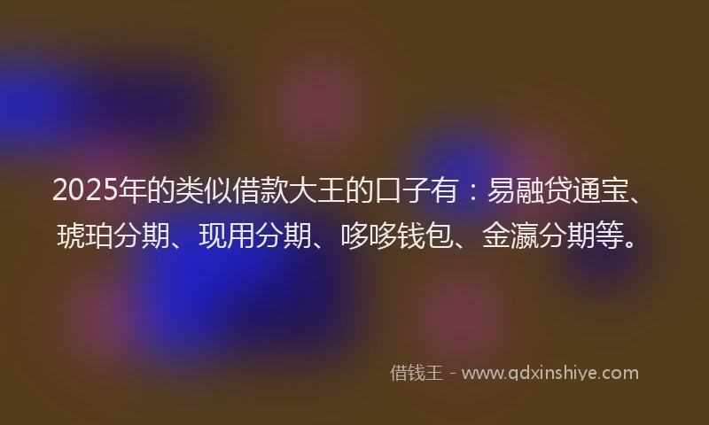 2025年的类似借款大王的口子有：易融贷通宝、琥珀分期、现用分期、哆哆钱包、金瀛分期等。