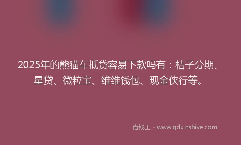 2025年的熊猫车抵贷容易下款吗有：桔子分期、星贷、微粒宝、维维钱包、现金侠行等。