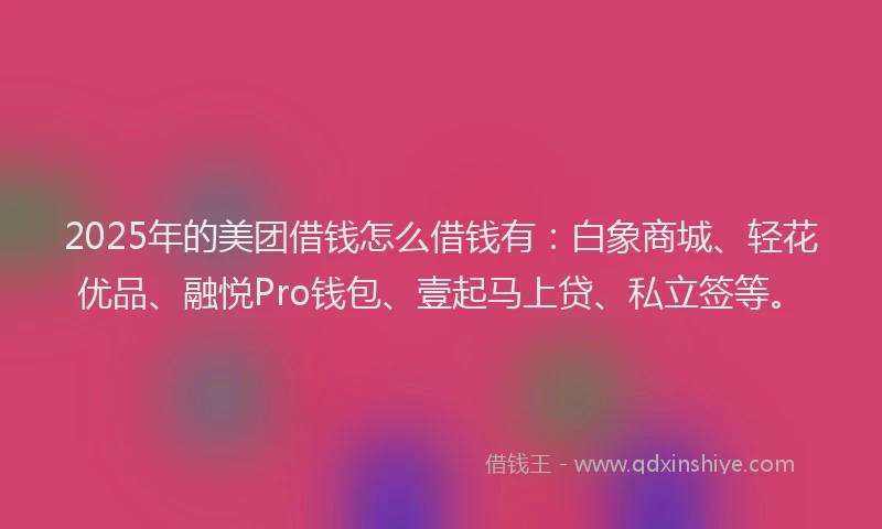 2025年的美团借钱怎么借钱有:白象商城、轻花优品、融悦Pro钱包、壹起马上贷、私立签等。