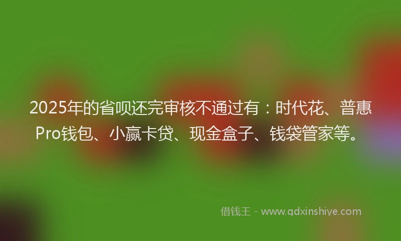 2025年的省呗还完审核不通过有:时代花、普惠Pro钱包、小赢卡贷、现金盒子、钱袋管家等。