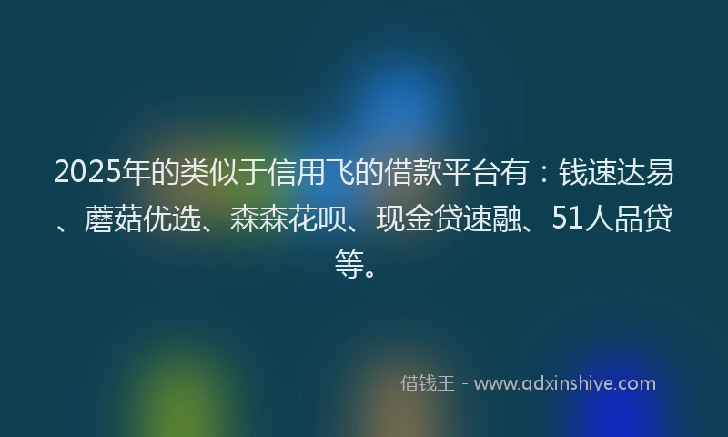2025年的类似于信用飞的借款平台有：钱速达易、蘑菇优选、森森花呗、现金贷速融、51人品贷等。