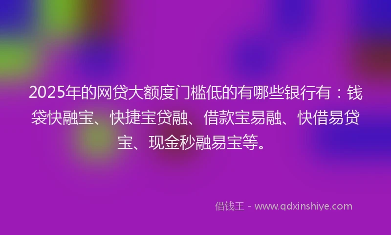 2025年的网贷大额度门槛低的有哪些银行有:钱袋快融宝、快捷宝贷融、借款宝易融、快借易贷宝、现金秒融易宝等。
