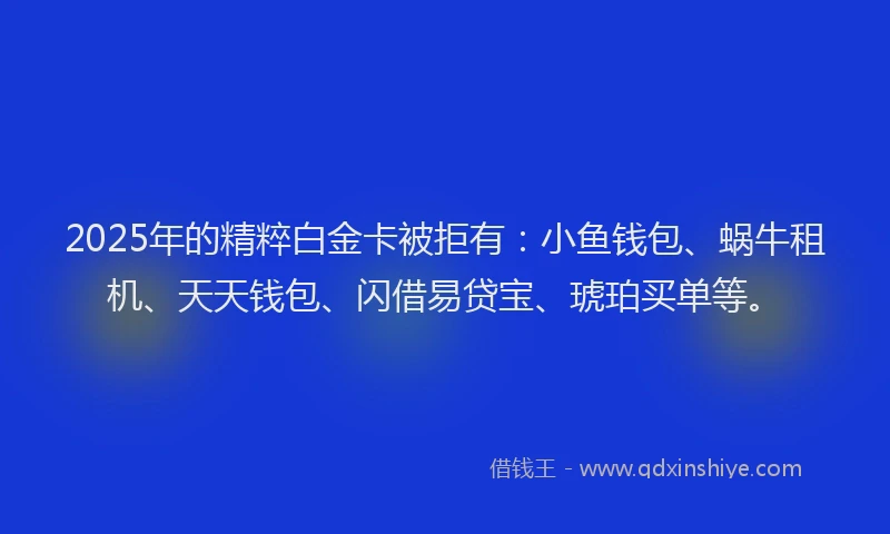 2025年的精粹白金卡被拒有：小鱼钱包、蜗牛租机、天天钱包、闪借易贷宝、琥珀买单等。