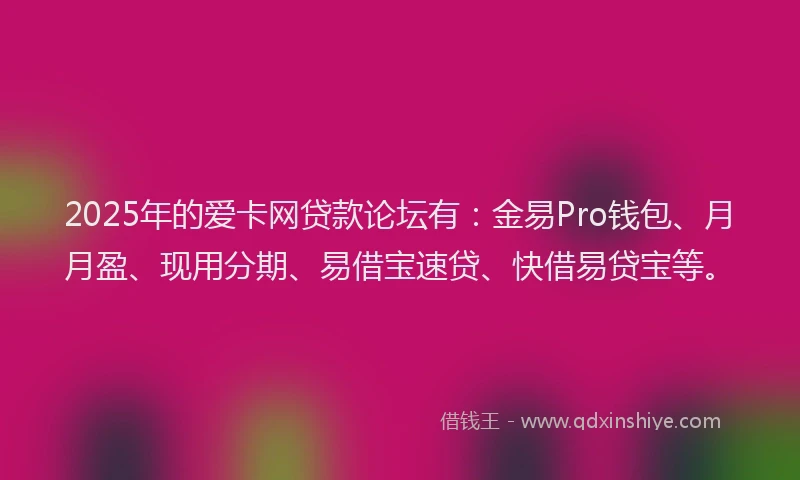 2025年的爱卡网贷款论坛有：金易Pro钱包、月月盈、现用分期、易借宝速贷、快借易贷宝等。