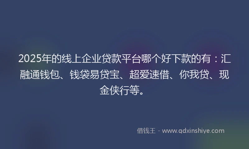 2025年的线上企业贷款平台哪个好下款的有：汇融通钱包、钱袋易贷宝、超爱速借、你我贷、现金侠行等。