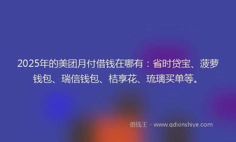 2025年的美团月付借钱在哪有：省时贷宝、菠萝钱包、瑞信钱包、桔享花、琉璃买单等。