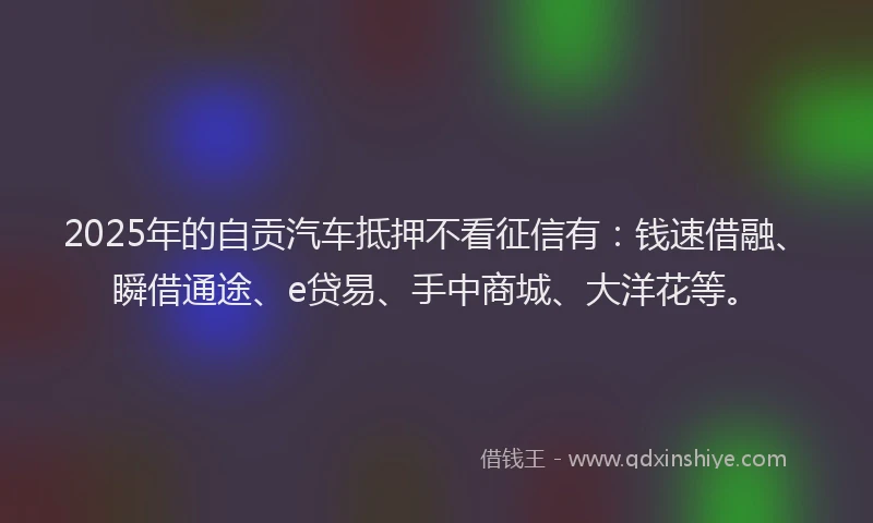 2025年的自贡汽车抵押不看征信有：钱速借融、瞬借通途、e贷易、手中商城、大洋花等。