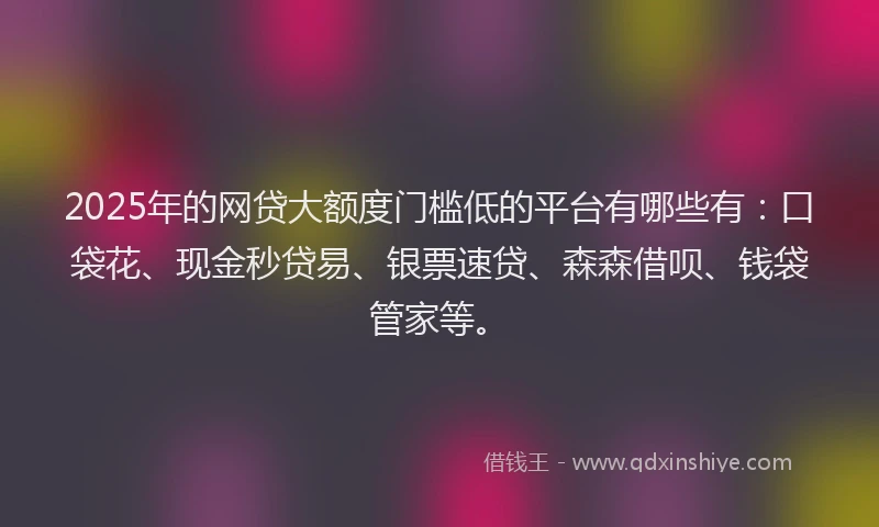 2025年的网贷大额度门槛低的平台有哪些有:口袋花、现金秒贷易、银票速贷、森森借呗、钱袋管家等。