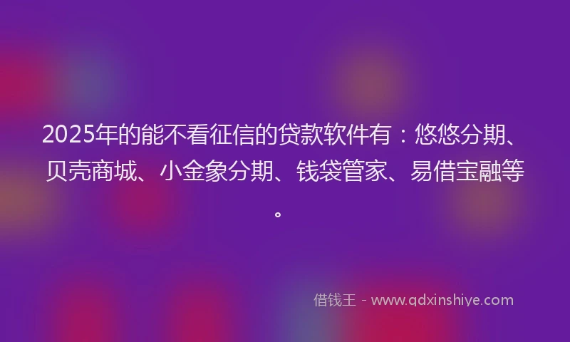 2025年的能不看征信的贷款软件有：悠悠分期、贝壳商城、小金象分期、钱袋管家、易借宝融等。