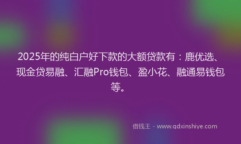 2025年的纯白户好下款的大额贷款有：鹿优选、现金贷易融、汇融Pro钱包、盈小花、融通易钱包等。