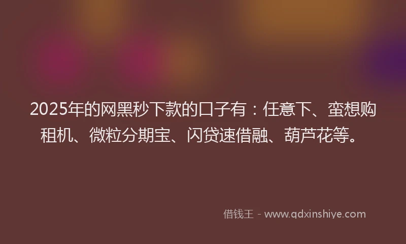 2025年的网黑秒下款的口子有：任意下、蛮想购租机、微粒分期宝、闪贷速借融、葫芦花等。
