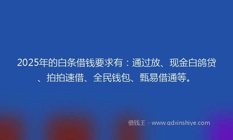 2025年的白条借钱要求有：通过放、现金白鸽贷、拍拍速借、全民钱包、甄易借通等。