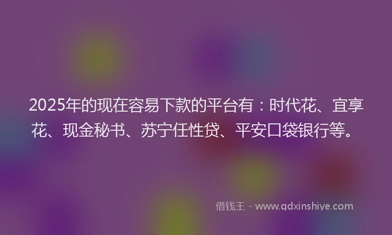 2025年的现在容易下款的平台有：时代花、宜享花、现金秘书、苏宁任性贷、平安口袋银行等。