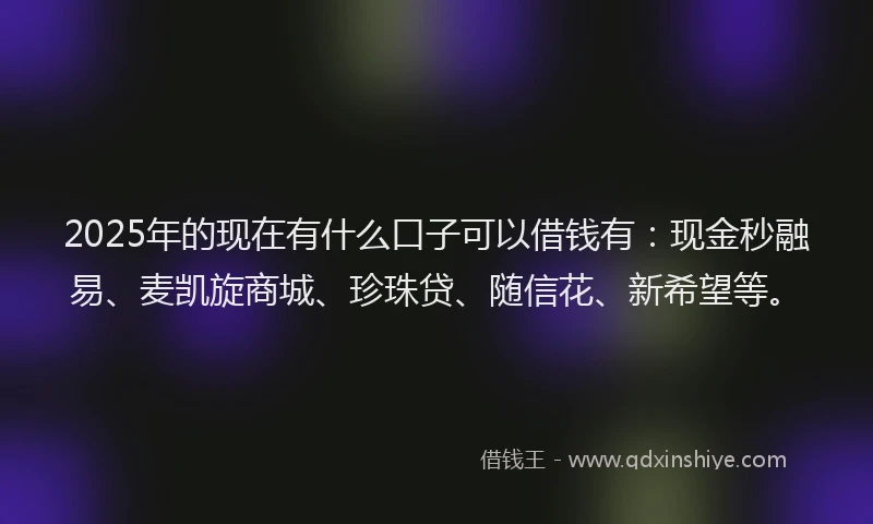 2025年的现在有什么口子可以借钱有:现金秒融易、麦凯旋商城、珍珠贷、随信花、新希望等。