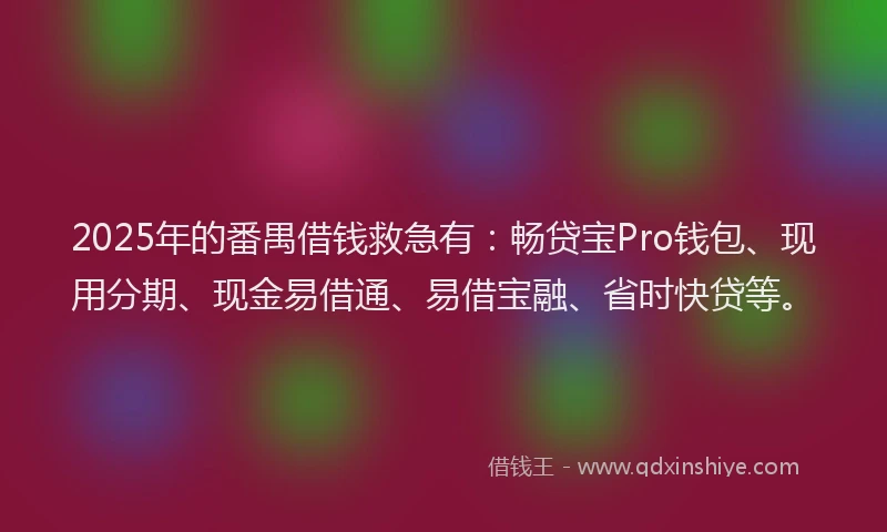 2025年的番禺借钱救急有：畅贷宝Pro钱包、现用分期、现金易借通、易借宝融、省时快贷等。