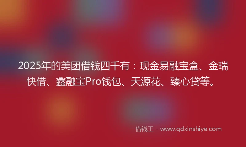 2025年的美团借钱四千有:现金易融宝盒、金瑞快借、鑫融宝Pro钱包、天源花、臻心贷等。