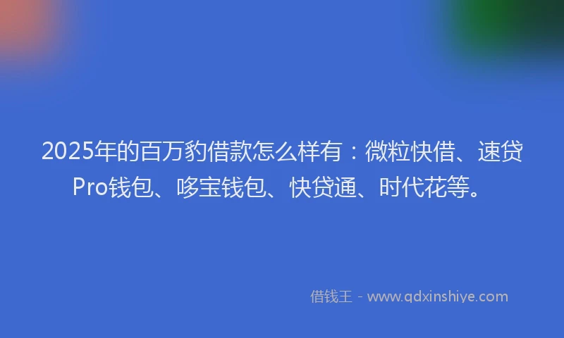 2025年的百万豹借款怎么样有：微粒快借、速贷Pro钱包、哆宝钱包、快贷通、时代花等。